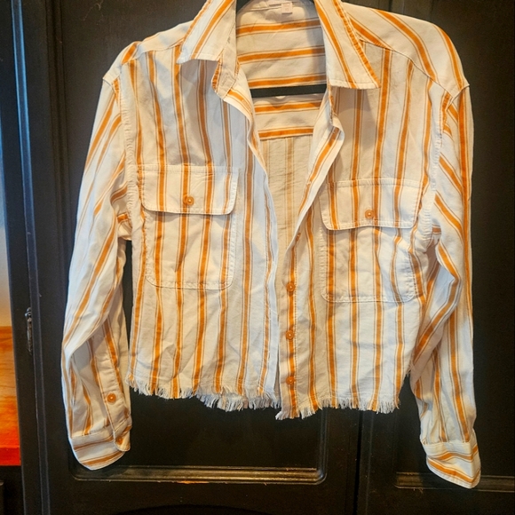EUC KUT FROM THE CLOTH Cropped Frayed Hem Button Down Shirt - Picture 1 of 9